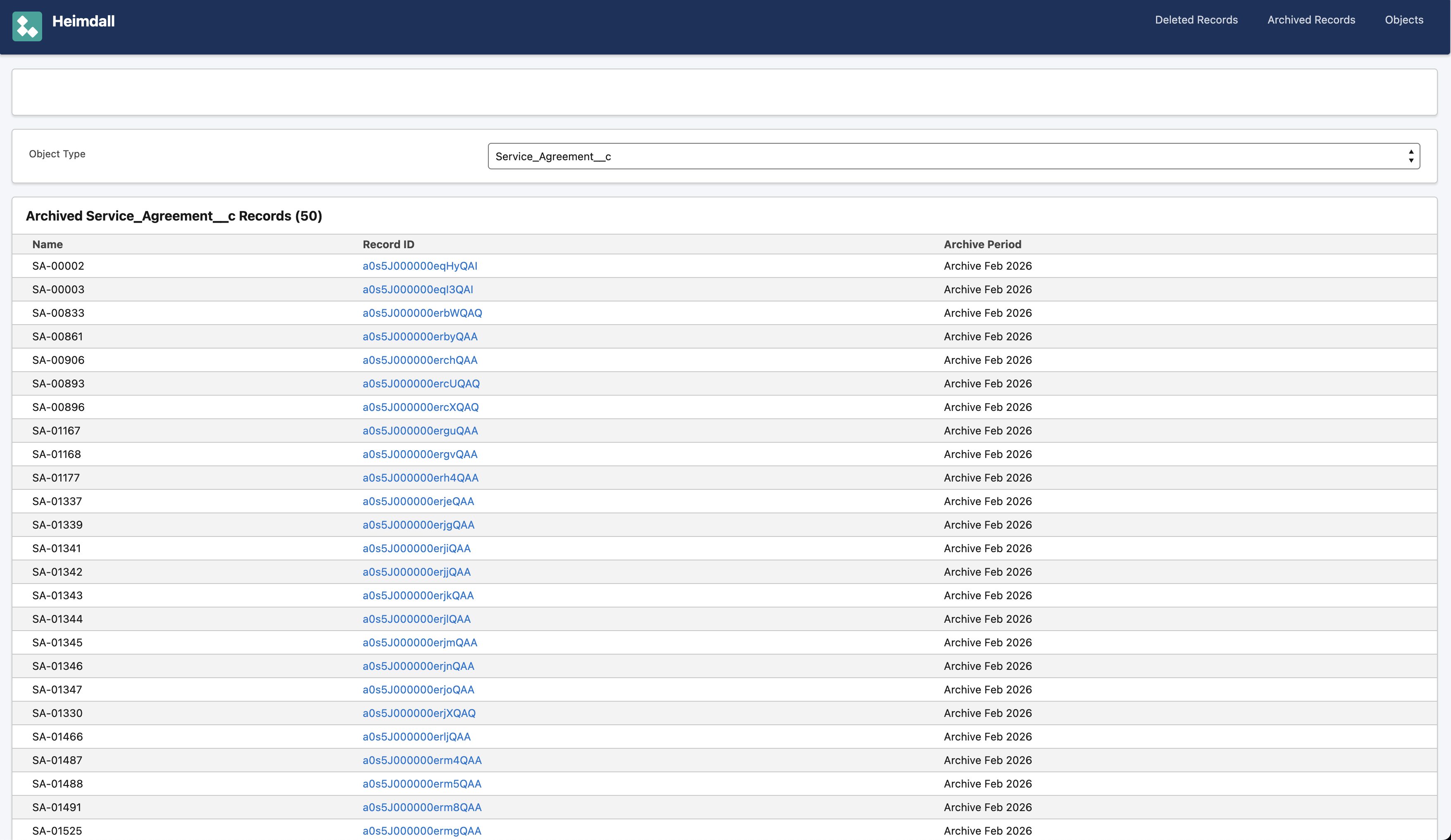 Archived records — 50 records moved out of Salesforce and into cold storage, browsable and restorable at any time.