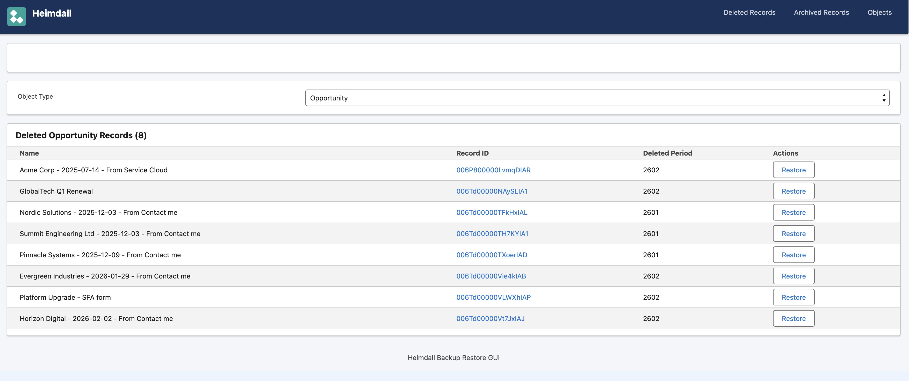 Browsing deleted Opportunity records with restore buttons.