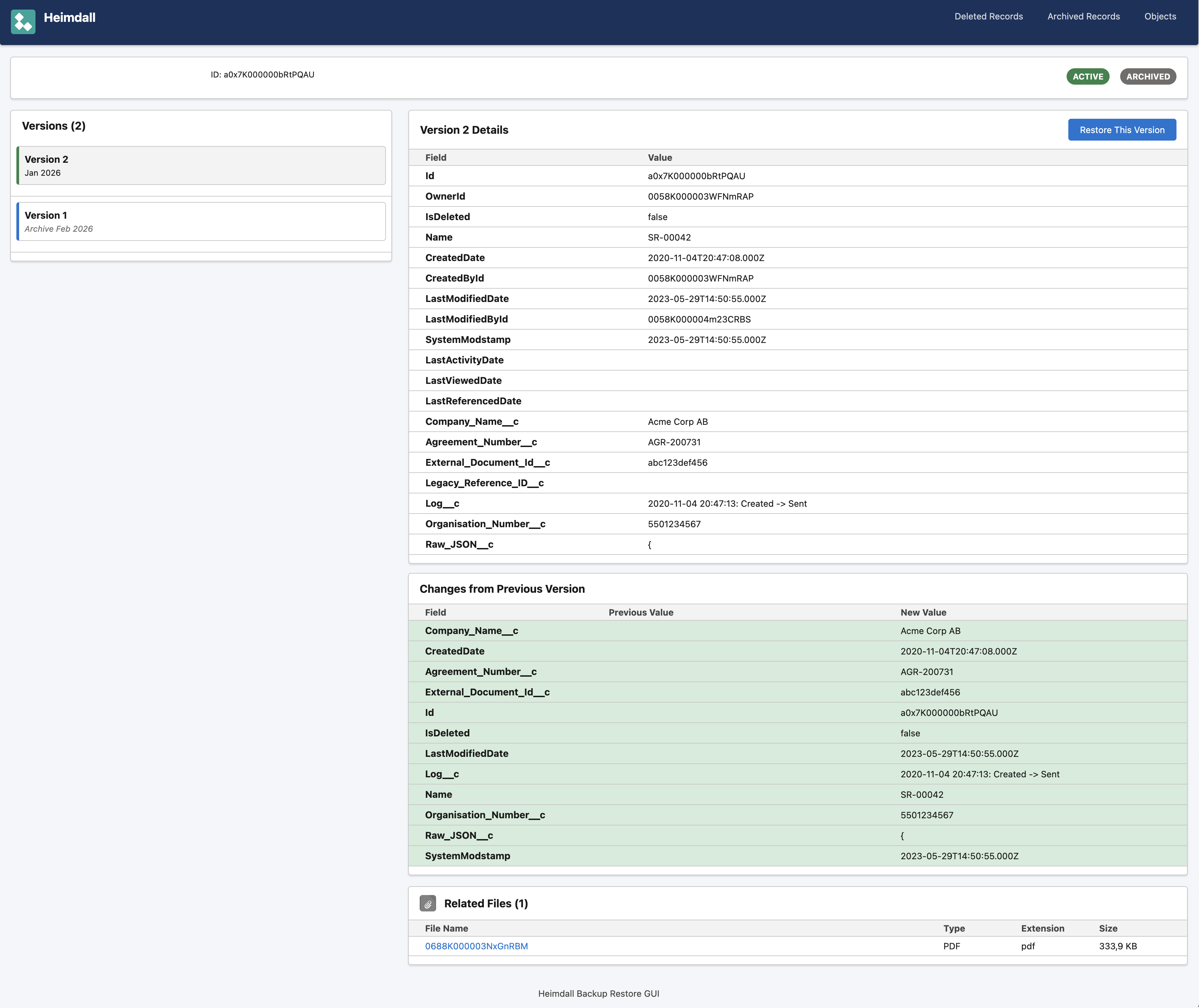 Record detail view — version history on the left, field values and diff against the previous version on the right, with related files at the bottom.